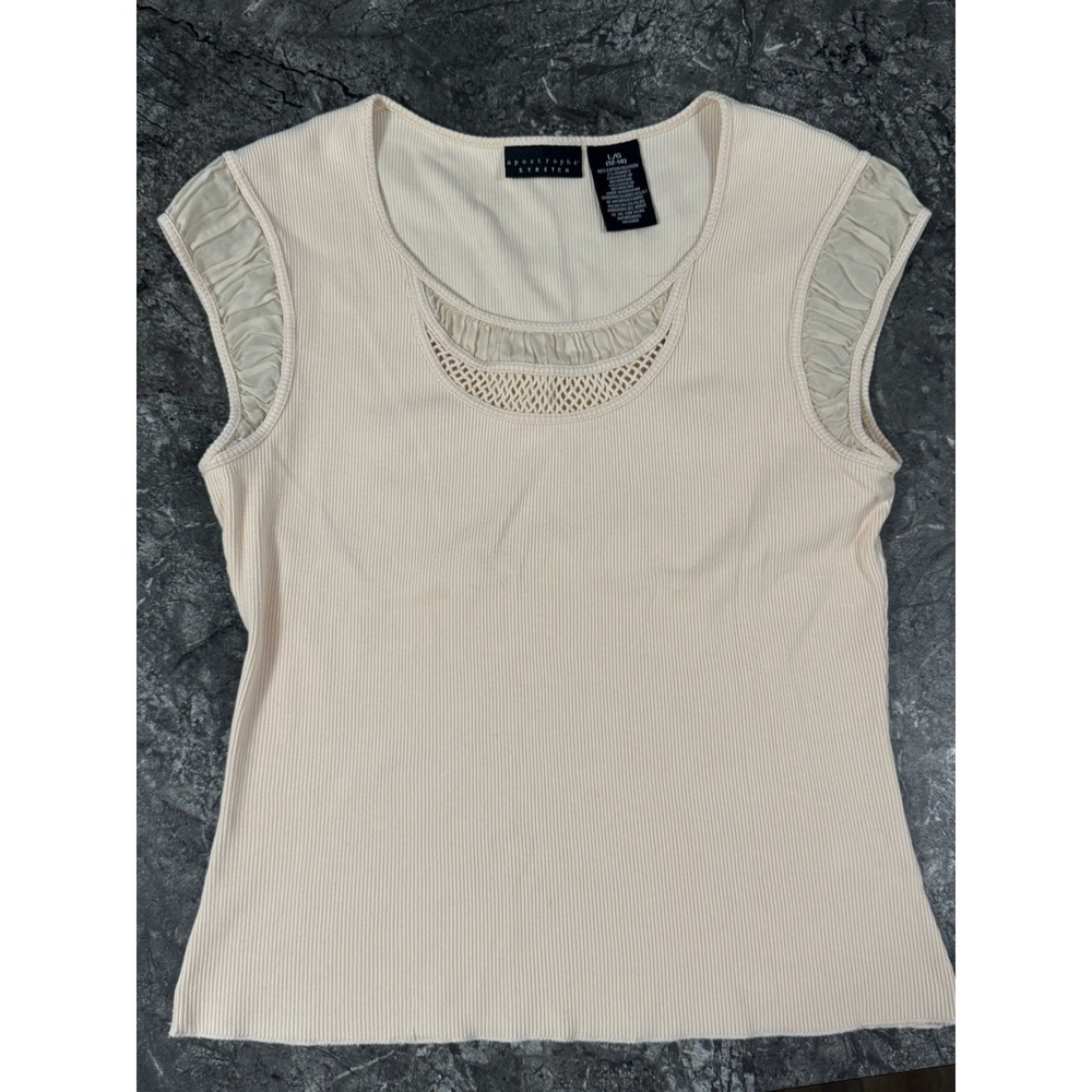 Y2K Womens Ribbed Cap Sleeve Mixed Media Cottage Core Top Coquette Pale Pink L